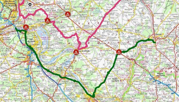 Carte décrivant l'itinéraire de l'étape 4 du tour de France, la déviation départementale pour la circulation et les routes barrées.