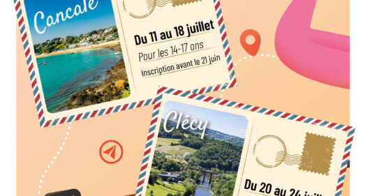 Affiche des séjours d'été 2026 de la CDCLA, Cancale et Clécy, pour les jeunes de 8 à 17 ans